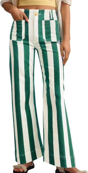 Kedera Women's Striped Pants Wide Leg Trousers Casual High Waisted Fun Pants Flare Jeans with Patched Pockets