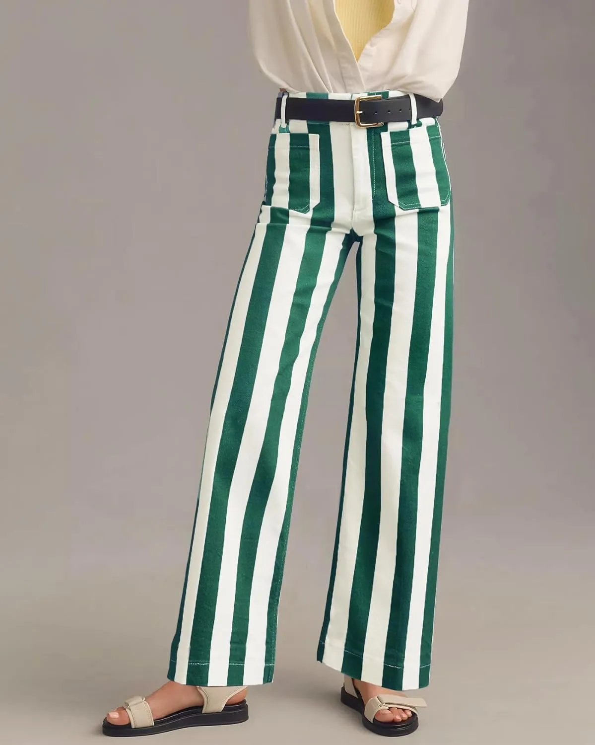 Kedera Women's Striped Pants Wide Leg Trousers Casual High Waisted Fun Pants Flare Jeans with Patched Pockets