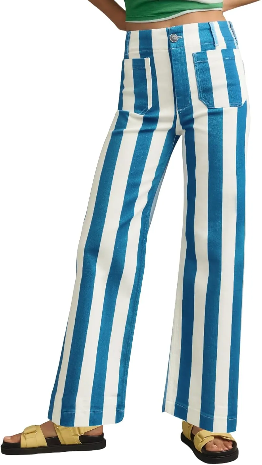 Kedera Women's Striped Pants Wide Leg Trousers Casual High Waisted Fun Pants Flare Jeans with Patched Pockets