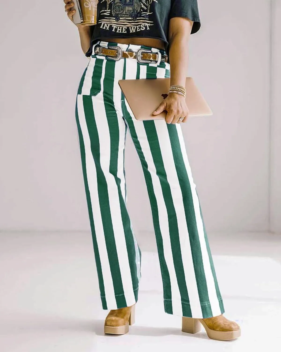Kedera Women's Striped Pants Wide Leg Trousers Casual High Waisted Fun Pants Flare Jeans with Patched Pockets