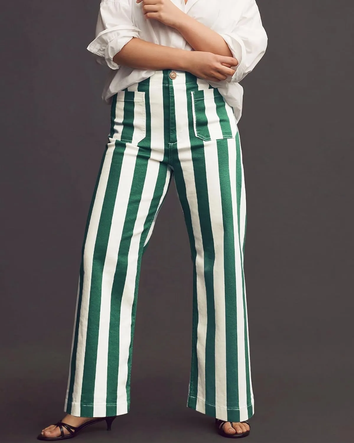 Kedera Women's Striped Pants Wide Leg Trousers Casual High Waisted Fun Pants Flare Jeans with Patched Pockets