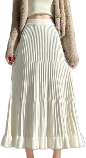 Knitted Skirt for Women Stretch High Waist Fall Winter Pleated Midi Skirt
