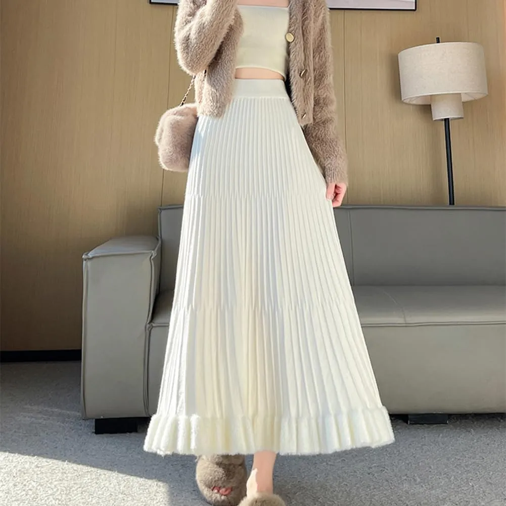 Knitted Skirt for Women Stretch High Waist Fall Winter Pleated Midi Skirt