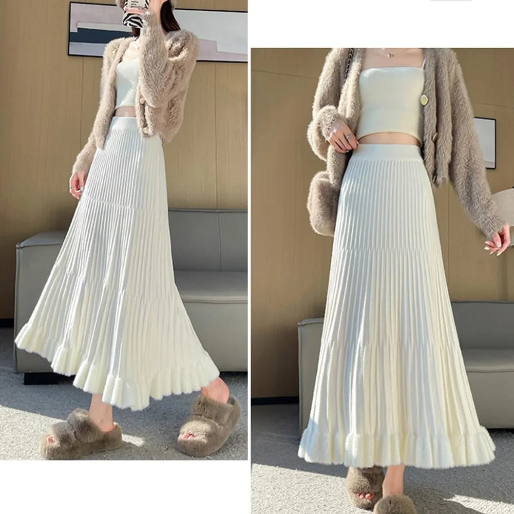 Knitted Skirt for Women Stretch High Waist Fall Winter Pleated Midi Skirt