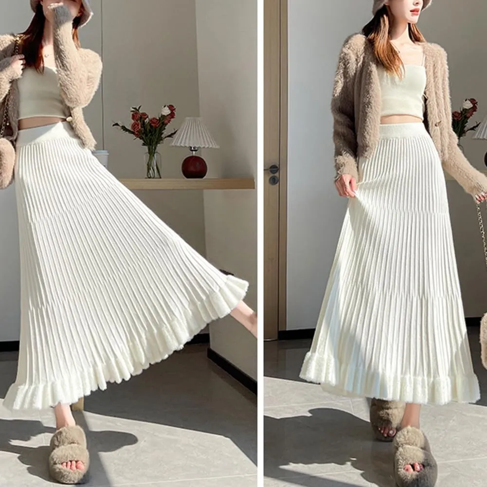 Knitted Skirt for Women Stretch High Waist Fall Winter Pleated Midi Skirt