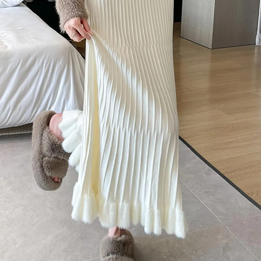 Knitted Skirt for Women Stretch High Waist Fall Winter Pleated Midi Skirt