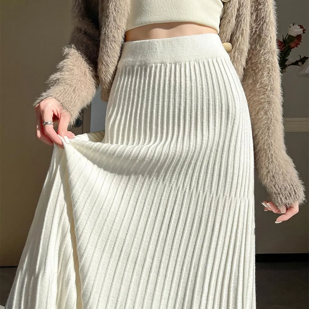 Knitted Skirt for Women Stretch High Waist Fall Winter Pleated Midi Skirt