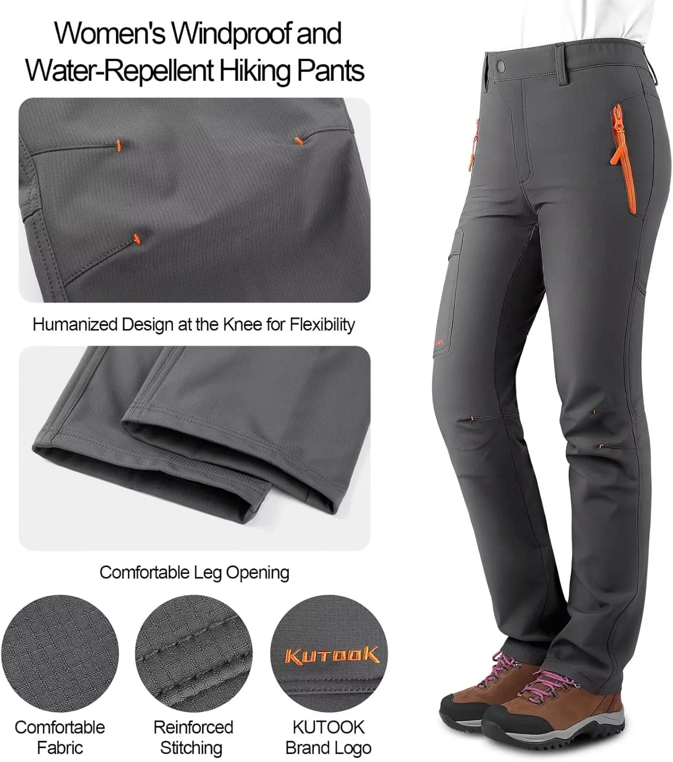KUTOOK Women's Thermal Softshell Hiking Pants Windproof Polar Fleece Lined Cargo Pants for Winter Outdoor Sports