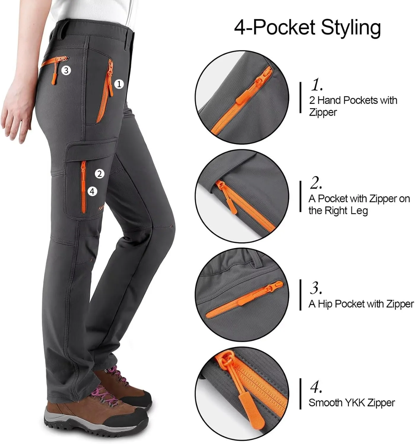 KUTOOK Women's Thermal Softshell Hiking Pants Windproof Polar Fleece Lined Cargo Pants for Winter Outdoor Sports