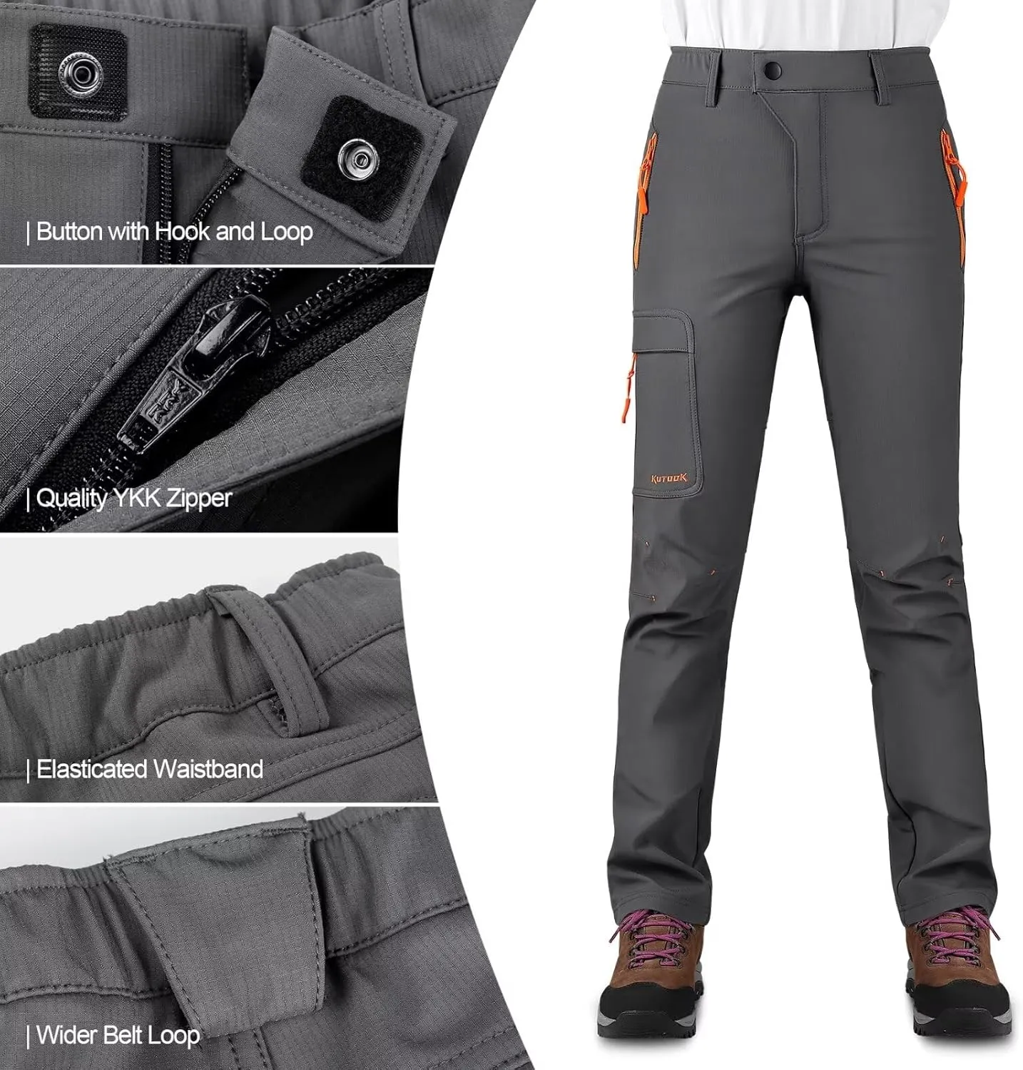 KUTOOK Women's Thermal Softshell Hiking Pants Windproof Polar Fleece Lined Cargo Pants for Winter Outdoor Sports