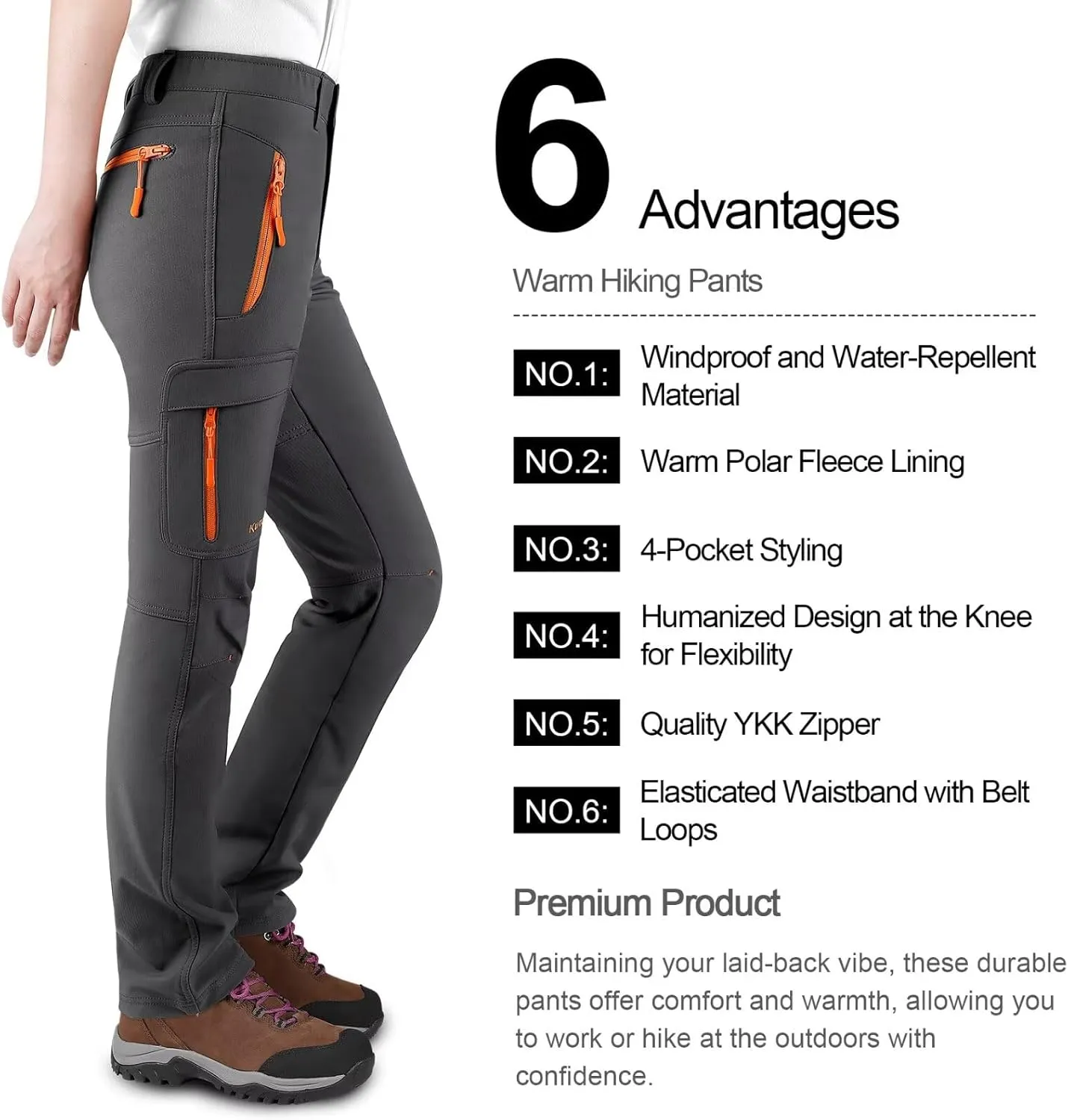 KUTOOK Women's Thermal Softshell Hiking Pants Windproof Polar Fleece Lined Cargo Pants for Winter Outdoor Sports