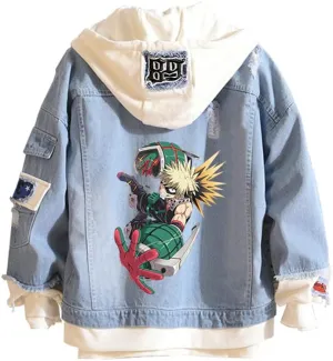 Kvikci Anime Jacket Cosplay Hooded Sweatshirt Men Fake Two Jeans Jacket Coat