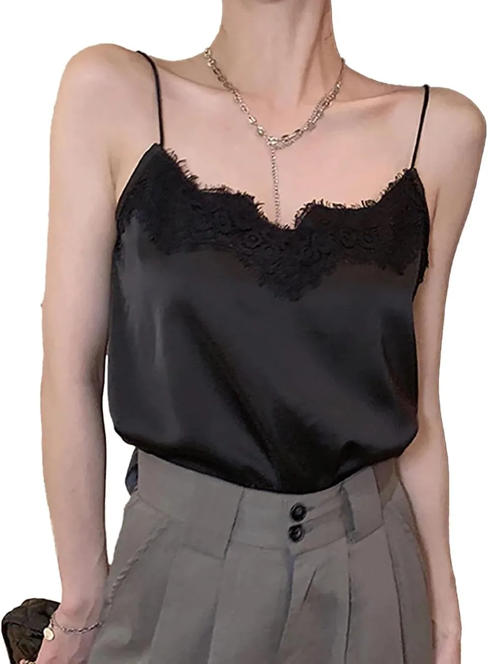 Lace Silk Cami Top for Women 19 Momme Silk Charmeuse V Neck Spaghetti Strap Camisole Elegant and Lightweight