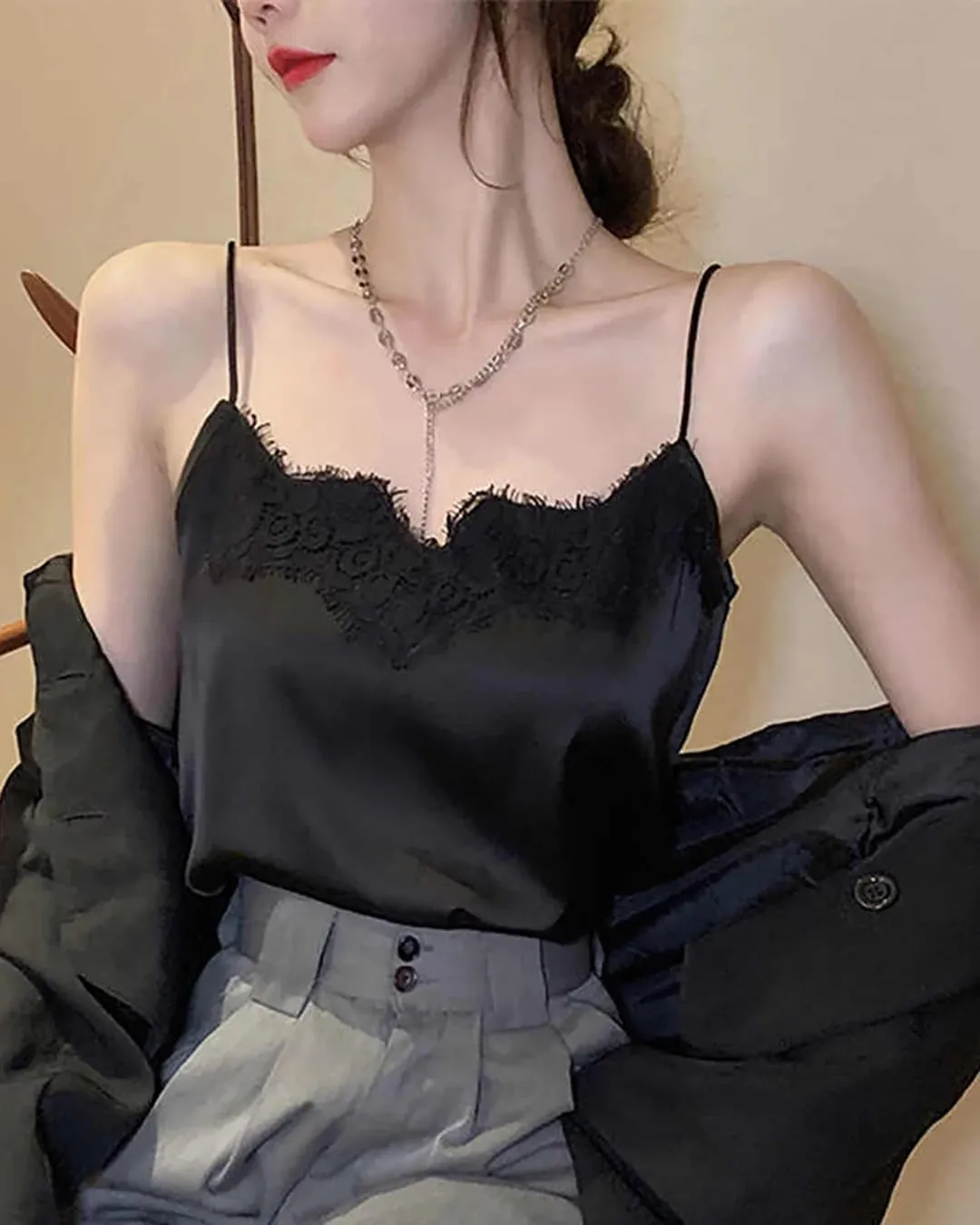 Lace Silk Cami Top for Women 19 Momme Silk Charmeuse V Neck Spaghetti Strap Camisole Elegant and Lightweight