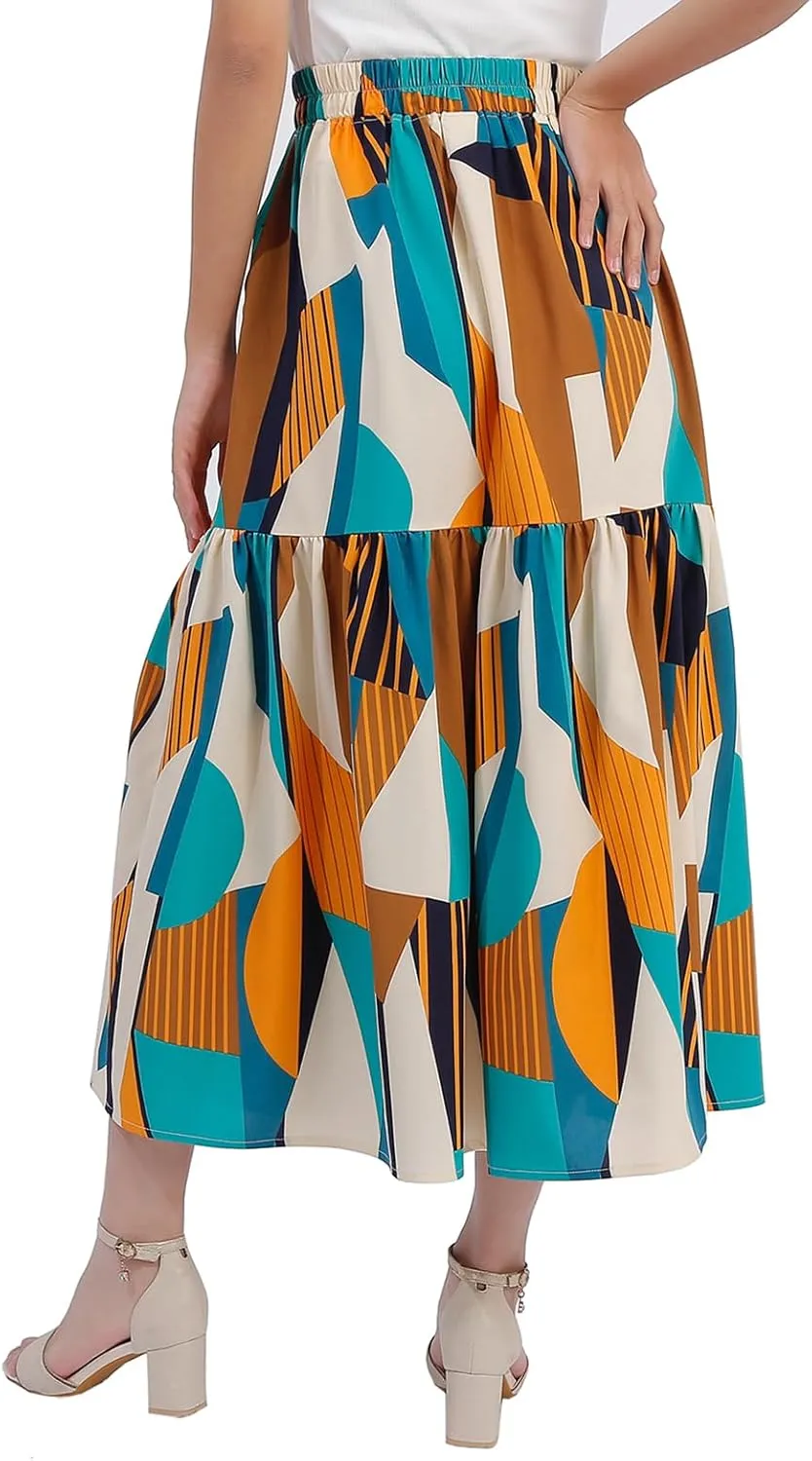 Ladies' Elastic Waist Printed Skirt with Pockets in Spring Summer and Autumn