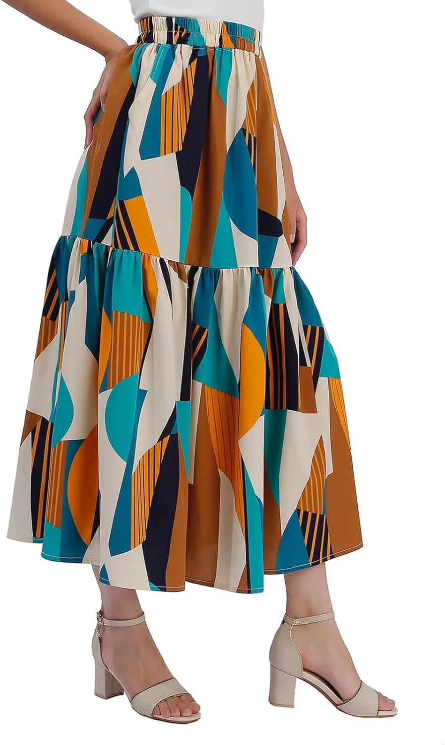 Ladies' Elastic Waist Printed Skirt with Pockets in Spring Summer and Autumn