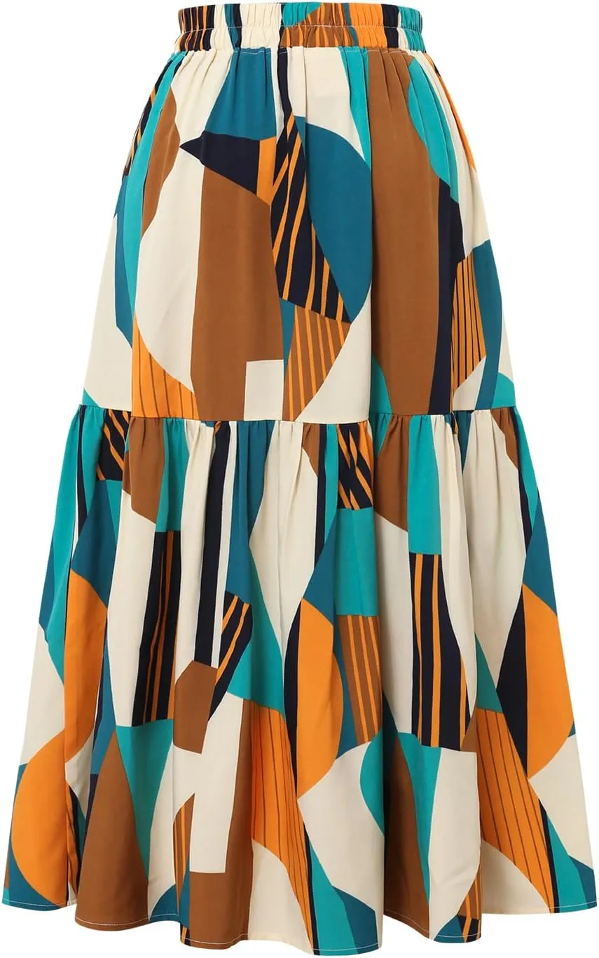 Ladies' Elastic Waist Printed Skirt with Pockets in Spring Summer and Autumn