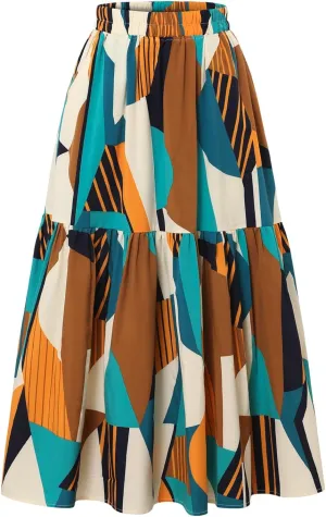 Ladies' Elastic Waist Printed Skirt with Pockets in Spring Summer and Autumn