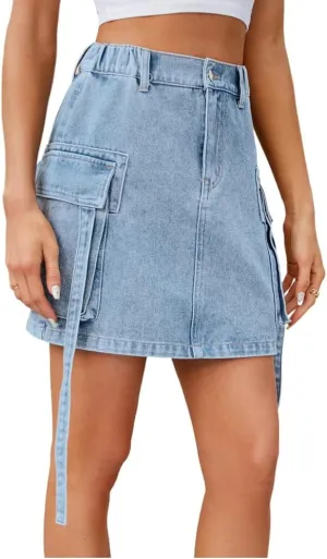 LAFOURAM Womens Denim Skirt Summer with Pockets A Line High Waisted Cowgirl Cargo Mini Jean Skirts