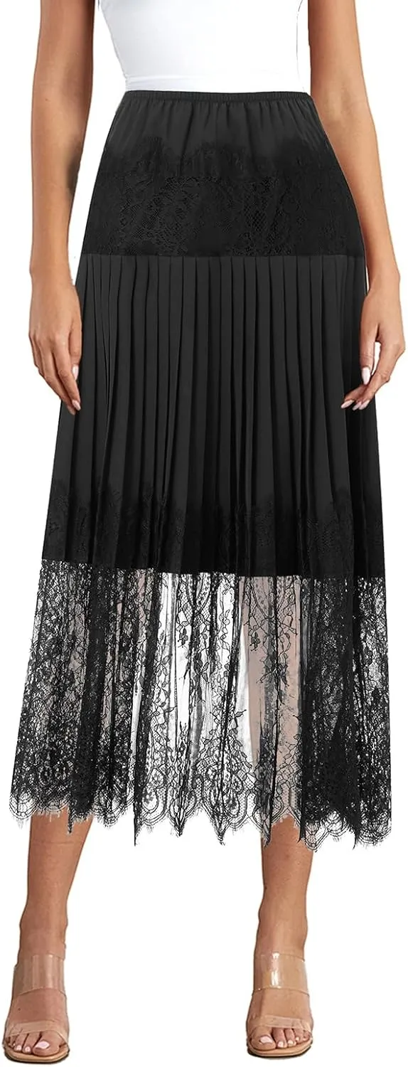 lisenraIn Women Long Lace Slip Skirt Ruffle Pleated Lace Trim Half Slip Skirt Extender Y2K Tiered Midi Layering Underskirt