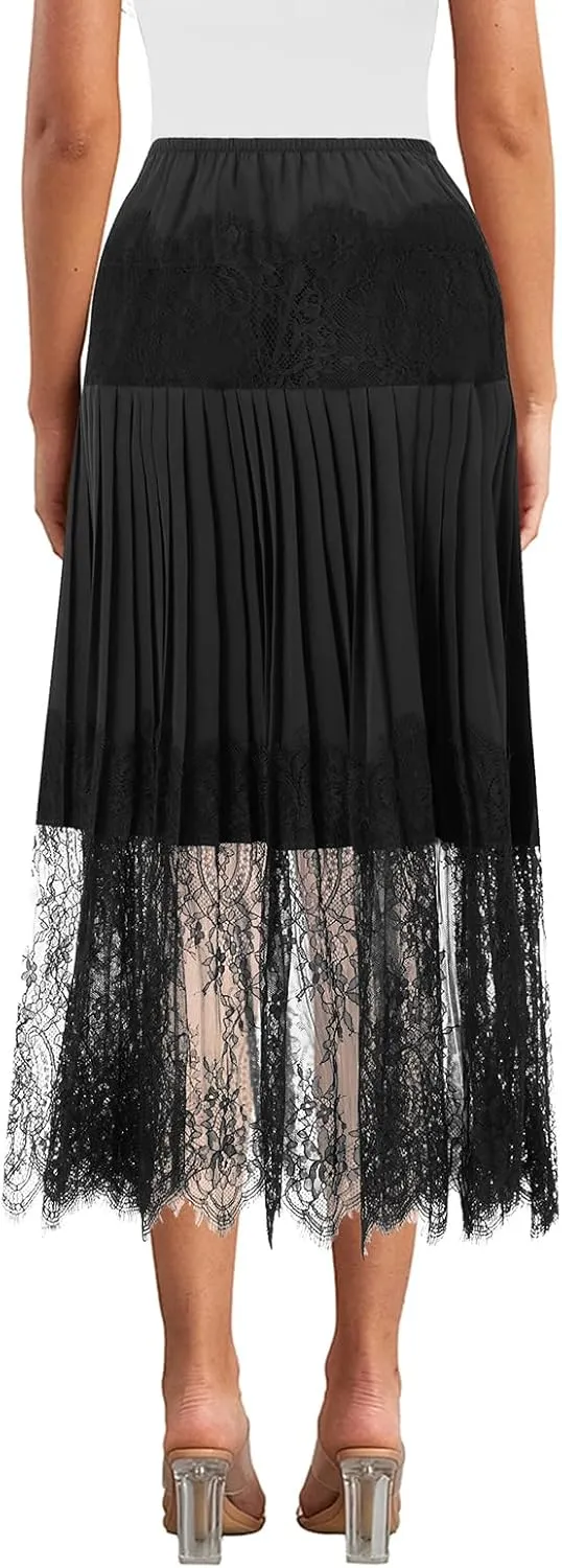 lisenraIn Women Long Lace Slip Skirt Ruffle Pleated Lace Trim Half Slip Skirt Extender Y2K Tiered Midi Layering Underskirt