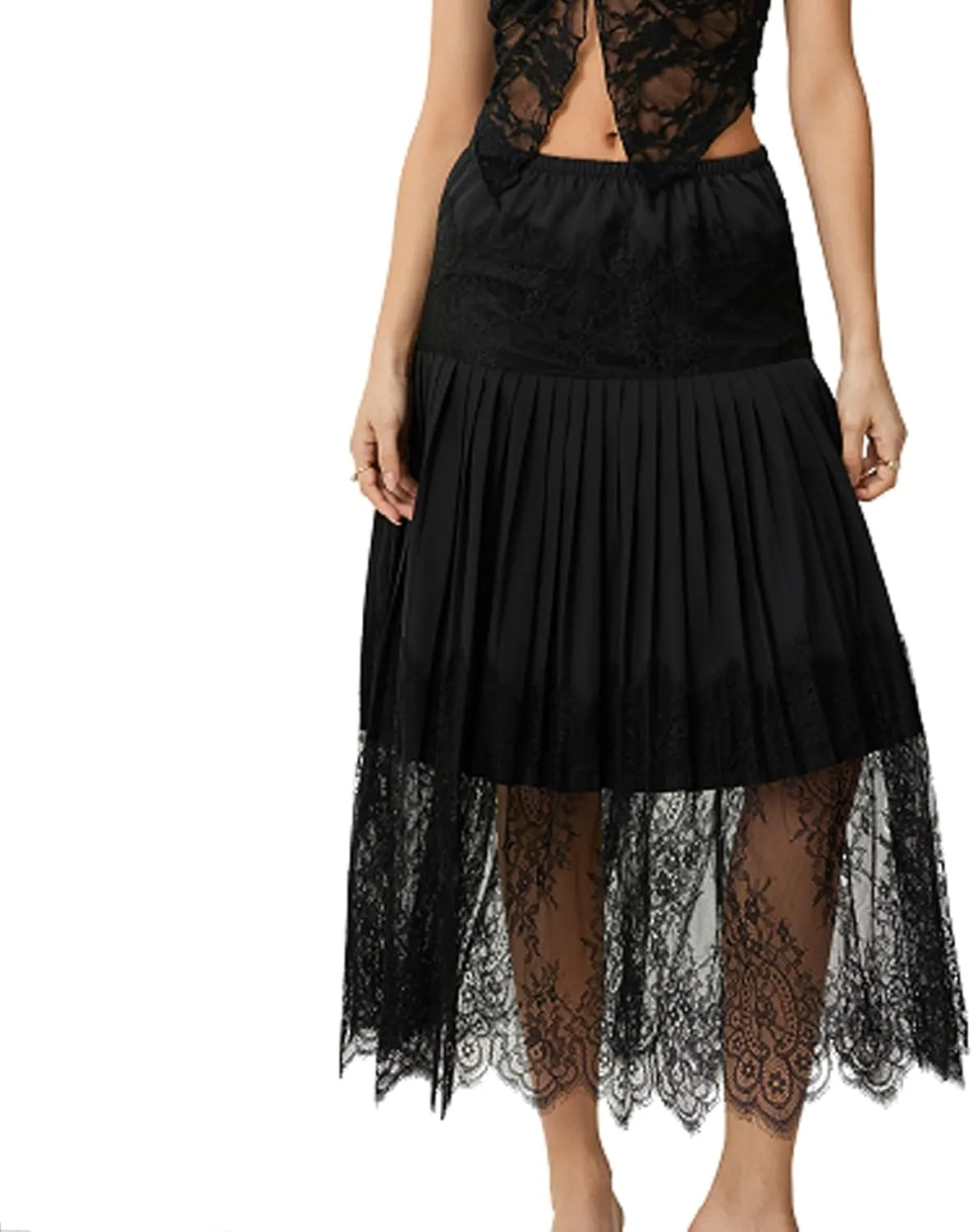lisenraIn Women Long Lace Slip Skirt Ruffle Pleated Lace Trim Half Slip Skirt Extender Y2K Tiered Midi Layering Underskirt