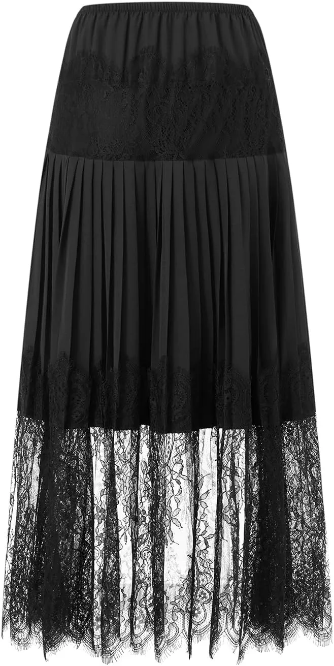 lisenraIn Women Long Lace Slip Skirt Ruffle Pleated Lace Trim Half Slip Skirt Extender Y2K Tiered Midi Layering Underskirt
