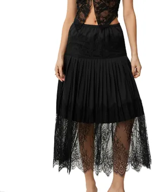 lisenraIn Women Long Lace Slip Skirt Ruffle Pleated Lace Trim Half Slip Skirt Extender Y2K Tiered Midi Layering Underskirt