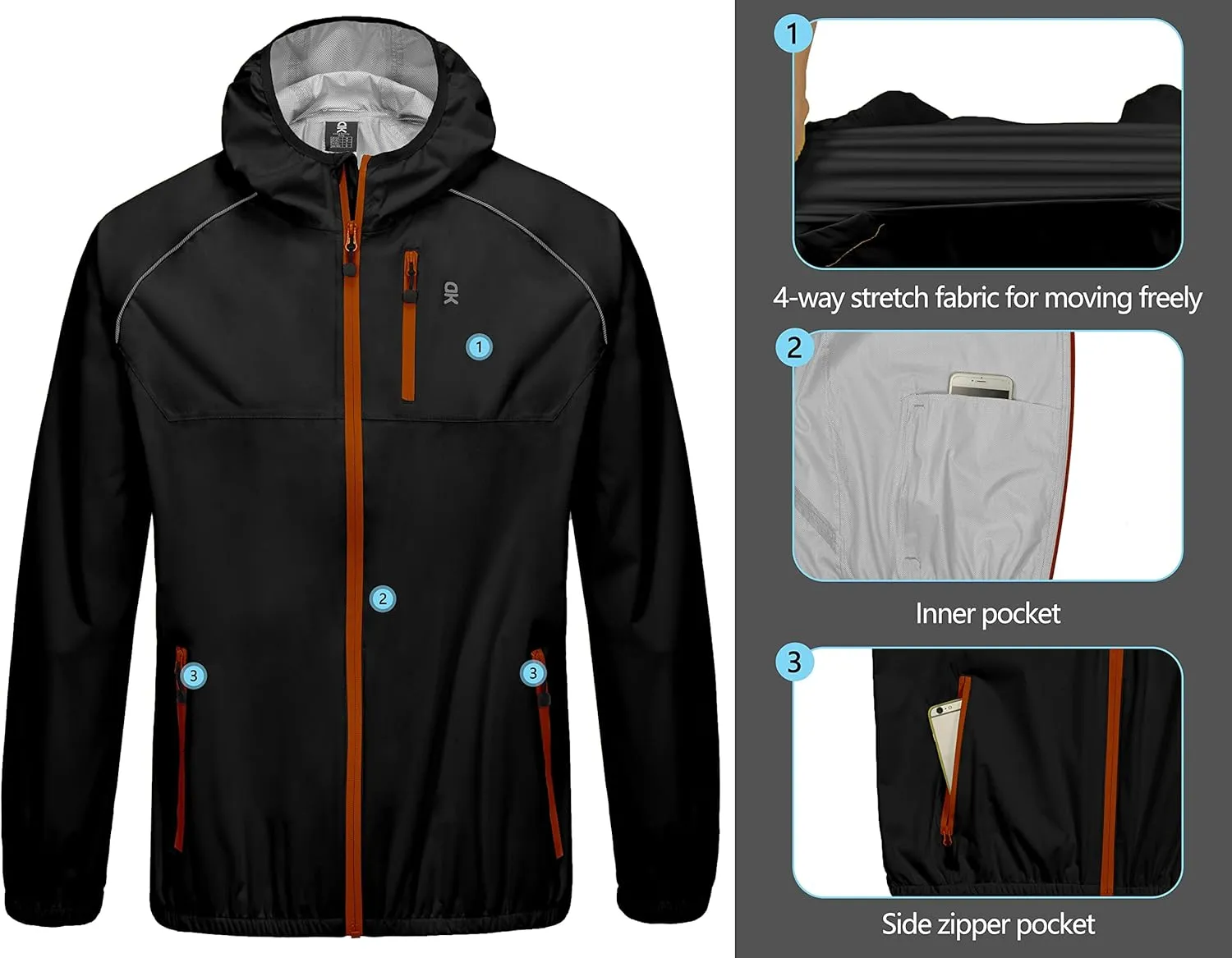 Little Donkey Andy Men's Cycling Stretch Rain Jacket with Hood, Windproof and Waterproof, Ultralight Windbreaker,Packable