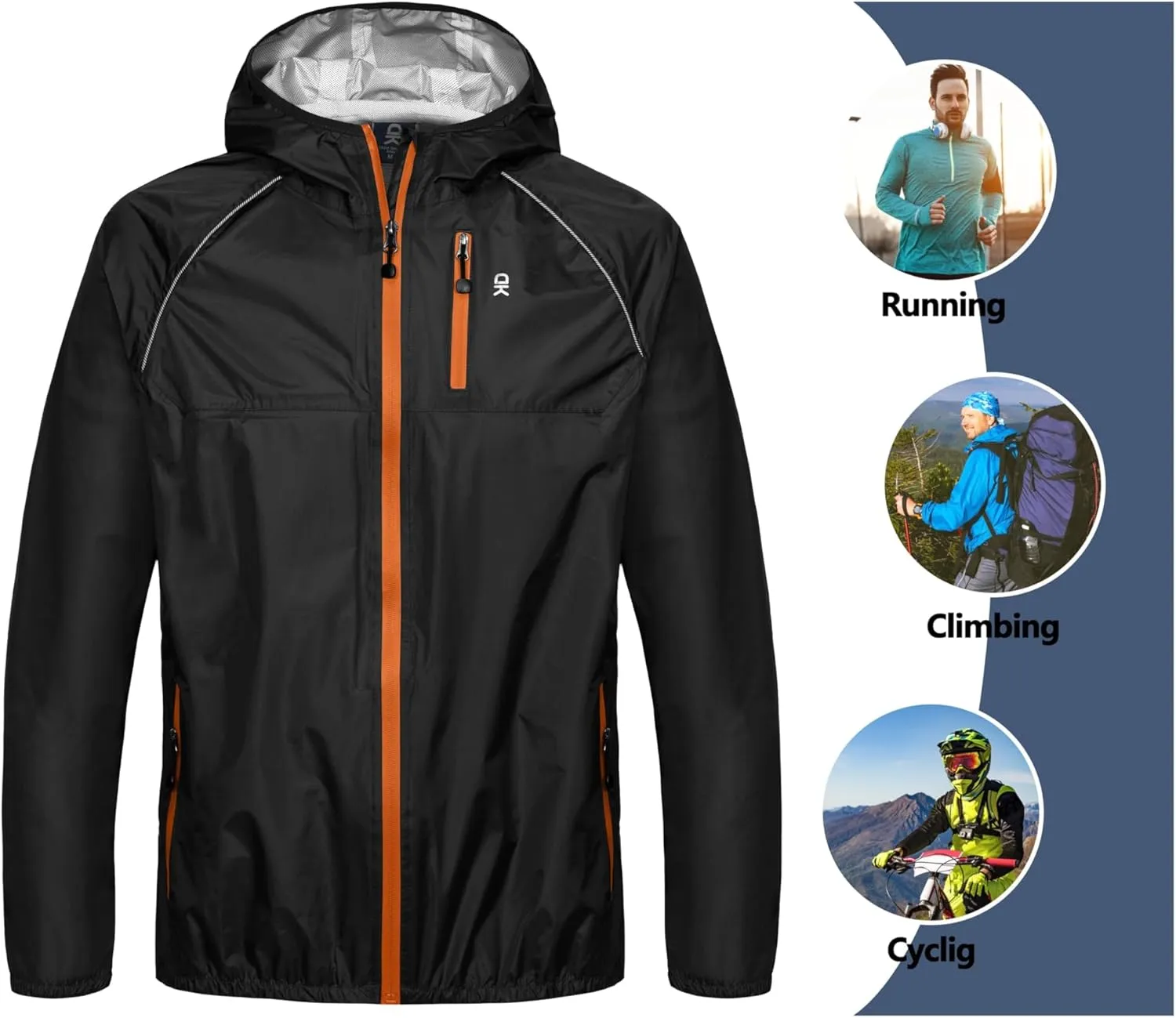 Little Donkey Andy Men's Cycling Stretch Rain Jacket with Hood, Windproof and Waterproof, Ultralight Windbreaker,Packable