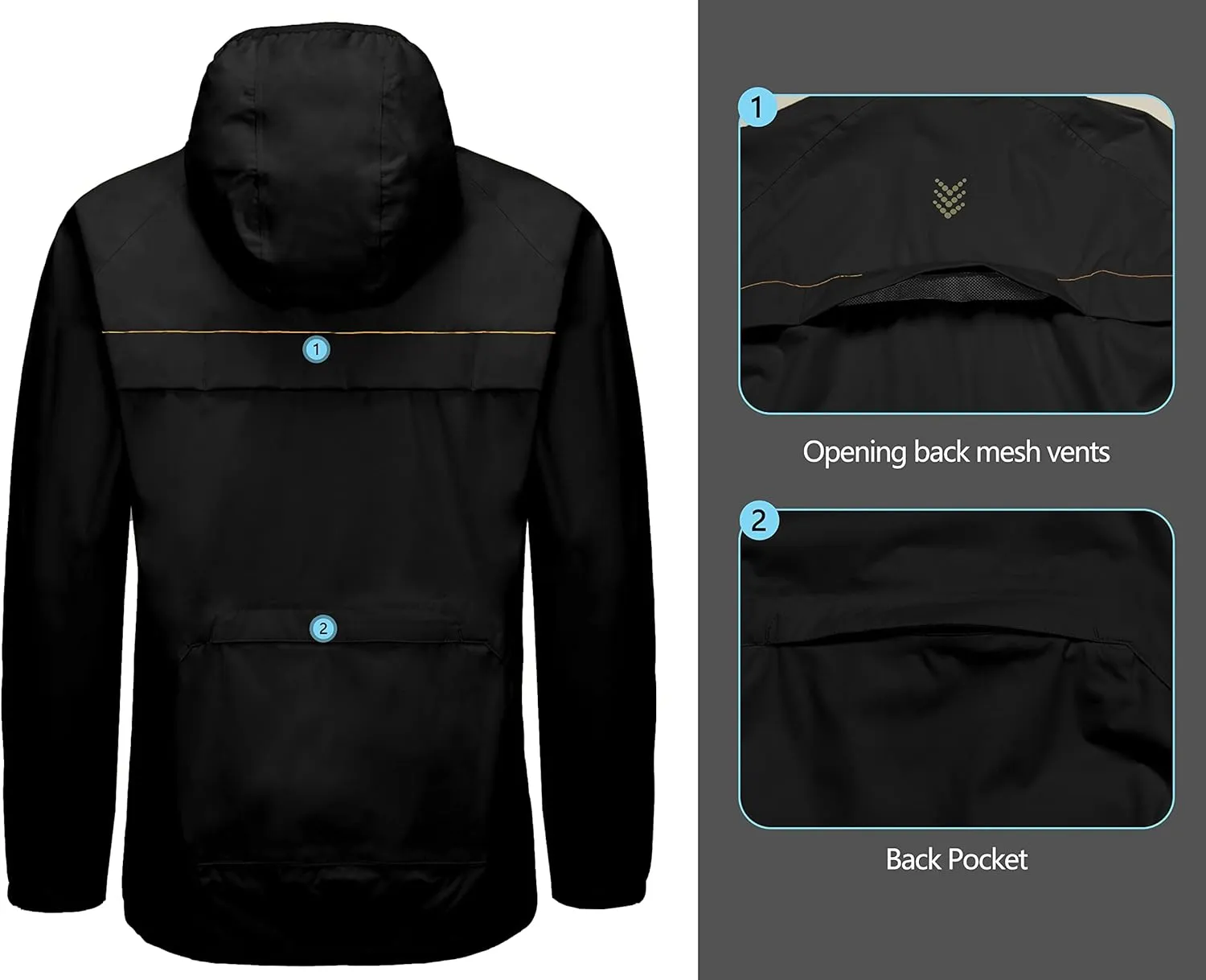 Little Donkey Andy Men's Cycling Stretch Rain Jacket with Hood, Windproof and Waterproof, Ultralight Windbreaker,Packable