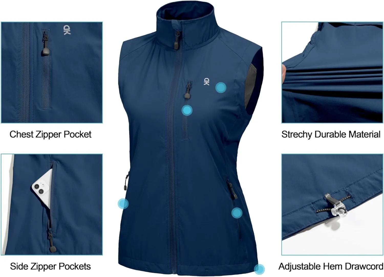 Little Donkey Andy Women's Lightweight Quick Dry Vest Summer Windproof Sleeveless Elastic Jacket for Golfing Cycling Running