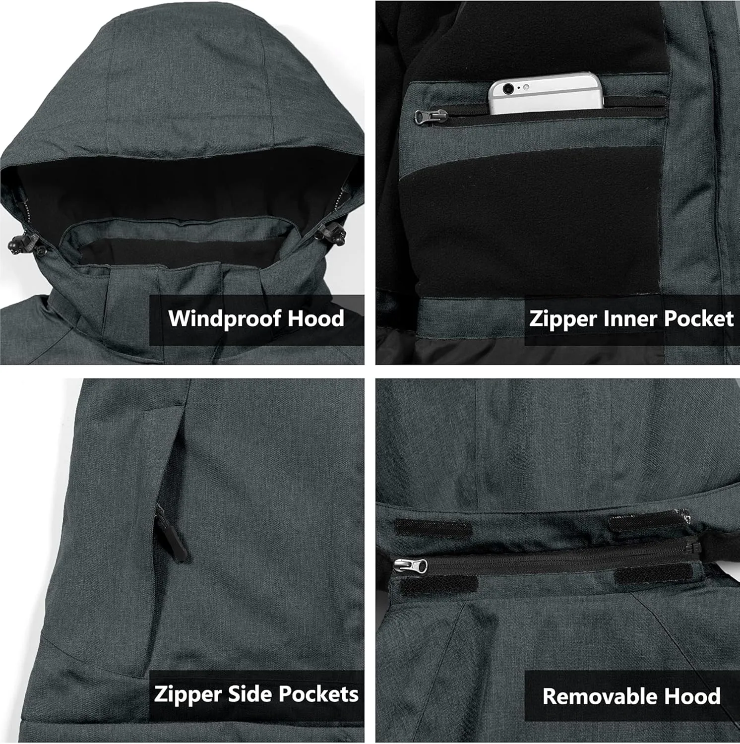 Little Donkey Andy Women's Waterproof Hiking Skiing Jacket with Removable Hood, Fleece Lined Winter Warm Rain Coat