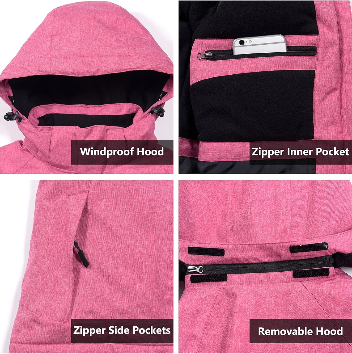 Little Donkey Andy Women's Waterproof Hiking Skiing Jacket with Removable Hood, Fleece Lined Winter Warm Rain Coat