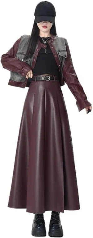 LIXINGHEITANG Leather Skirt Womens Autumn and Winter Long Waist Slim Drape Pu Pleated