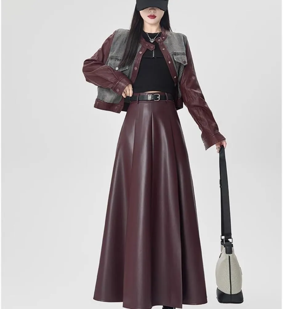 LIXINGHEITANG Leather Skirt Womens Autumn and Winter Long Waist Slim Drape Pu Pleated