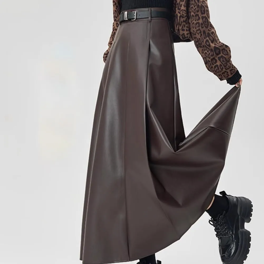 LIXINGHEITANG Leather Skirt Womens Autumn and Winter Long Waist Slim Drape Pu Pleated
