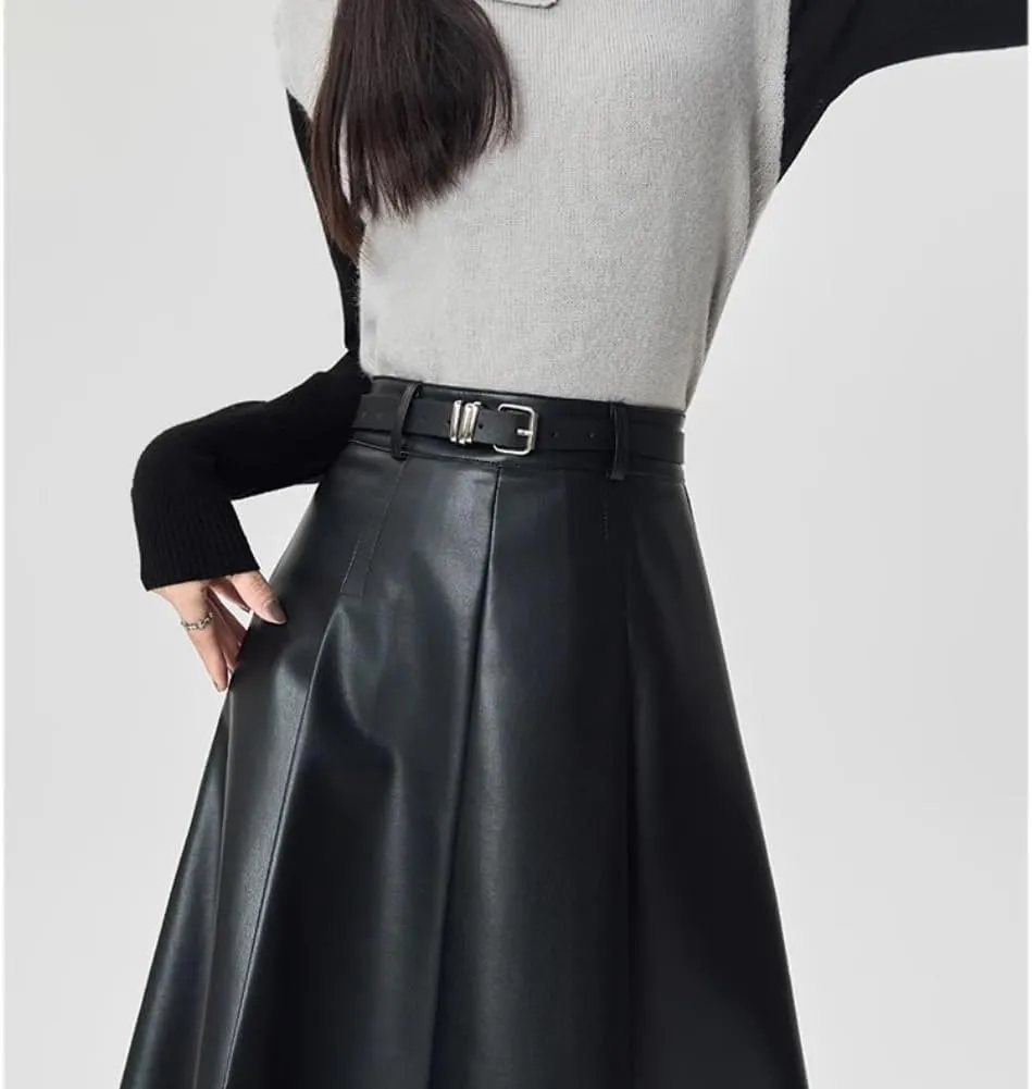 LIXINGHEITANG Leather Skirt Womens Autumn and Winter Long Waist Slim Drape Pu Pleated