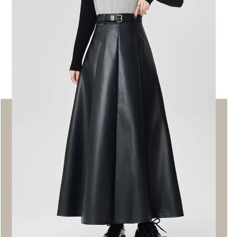 LIXINGHEITANG Leather Skirt Womens Autumn and Winter Long Waist Slim Drape Pu Pleated