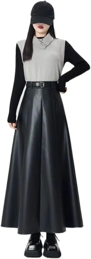 LIXINGHEITANG Leather Skirt Womens Autumn and Winter Long Waist Slim Drape Pu Pleated