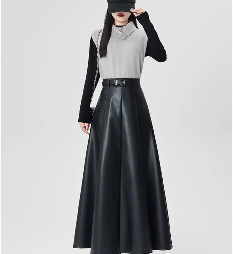 LIXINGHEITANG Leather Skirt Womens Autumn and Winter Long Waist Slim Drape Pu Pleated