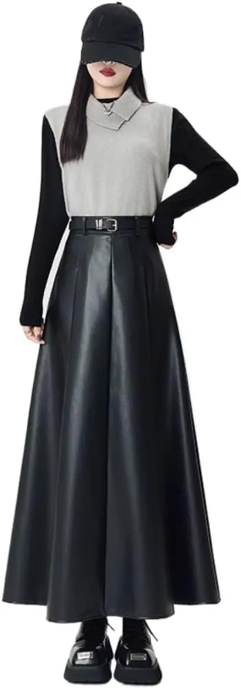LIXINGHEITANG Leather Skirt Womens Autumn and Winter Long Waist Slim Drape Pu Pleated