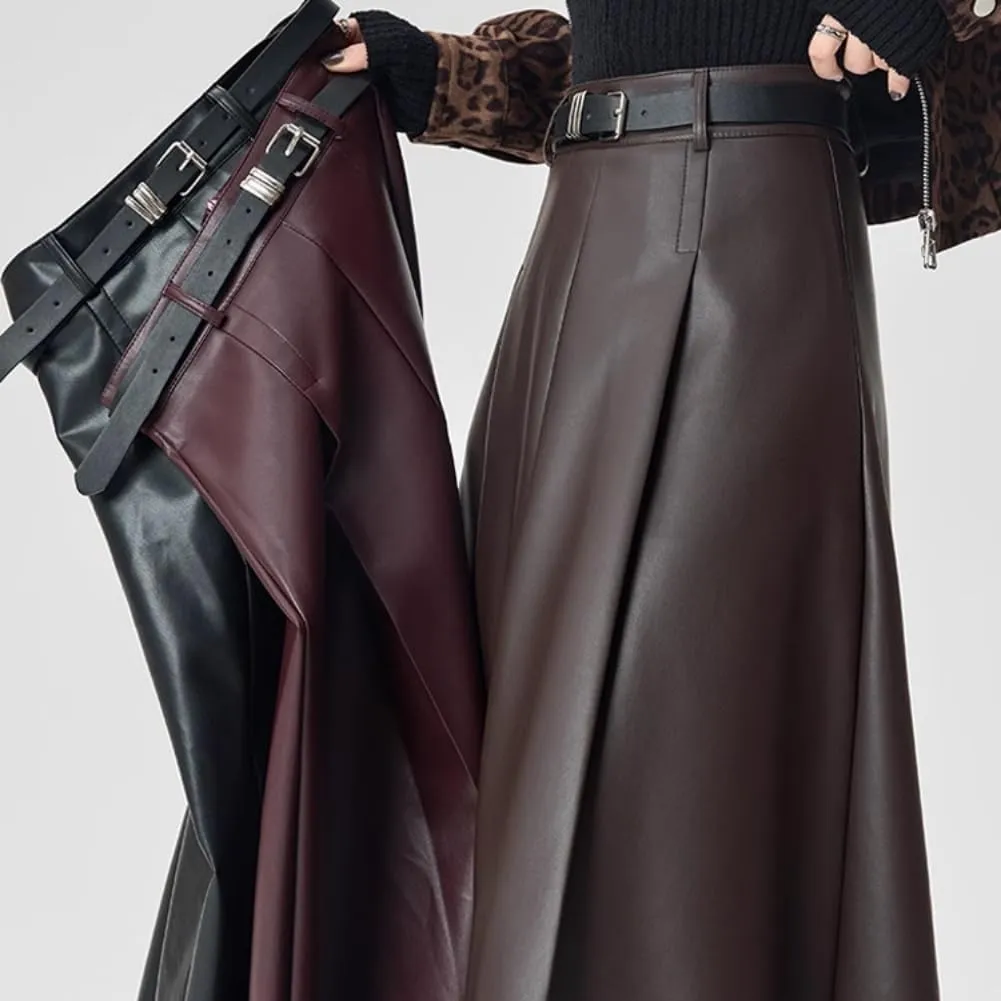 LIXINGHEITANG Leather Skirt Womens Autumn and Winter Long Waist Slim Drape Pu Pleated