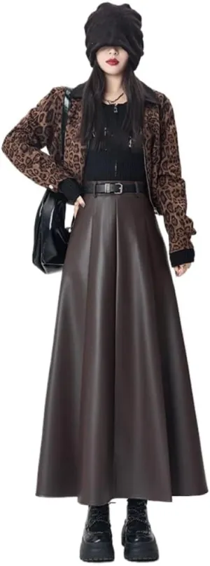 LIXINGHEITANG Leather Skirt Womens Autumn and Winter Long Waist Slim Drape Pu Pleated