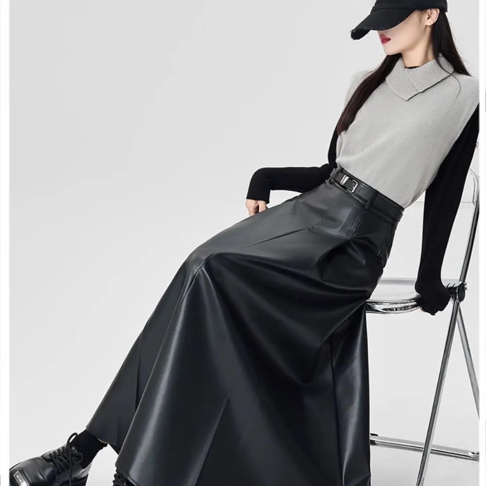 LIXINGHEITANG Leather Skirt Womens Autumn and Winter Long Waist Slim Drape Pu Pleated