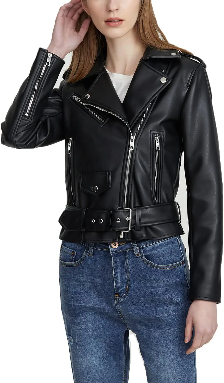 LY VAREY LIN Women's Faux Leather Motorcycle Jacket PU Slim Short Biker Coat