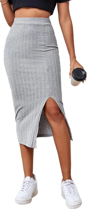 LYANER Women's High Waist Stretchy Rib Knit Split Slit Hem Midi Pencil Skirt