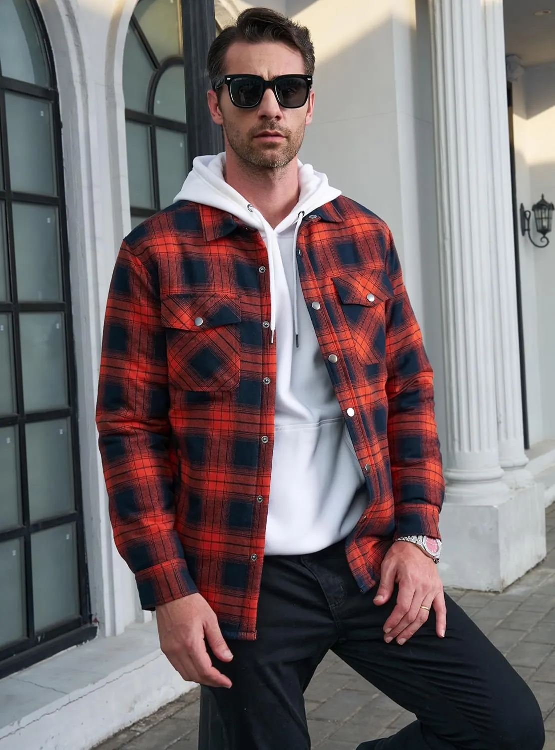 MAGCOMSEN Men's Flannel Shirt Jacket with Quilted Lined Long Sleeve Plaid Coat Button Down Thick Outwear Winter