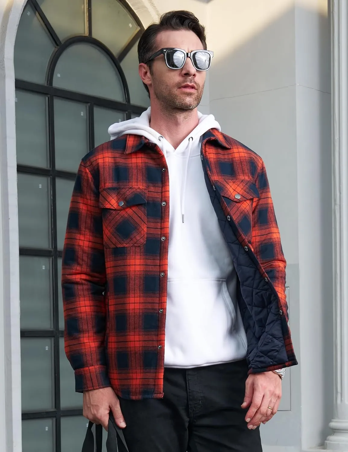 MAGCOMSEN Men's Flannel Shirt Jacket with Quilted Lined Long Sleeve Plaid Coat Button Down Thick Outwear Winter