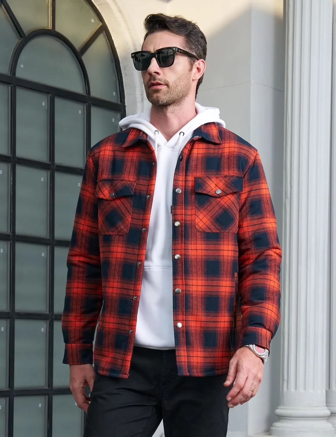 MAGCOMSEN Men's Flannel Shirt Jacket with Quilted Lined Long Sleeve Plaid Coat Button Down Thick Outwear Winter